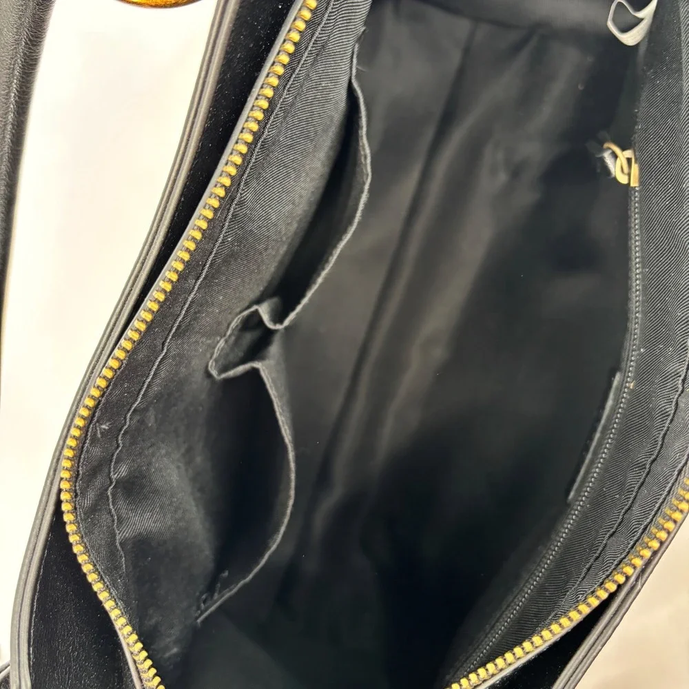Frye and Co Black Faux Leather Satchel Crossbody Bag Antique Brass Hardware